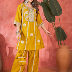 Floral Embroidered & Sequinned A-Line Kurta With Palazzos & Bag Kurta Set