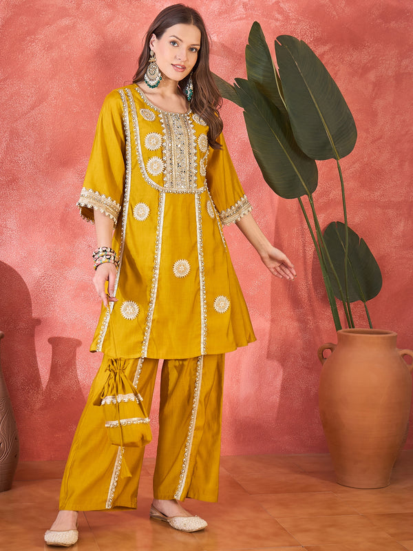 Floral Embroidered & Sequinned A-Line Kurta With Palazzos & Bag Kurta Set