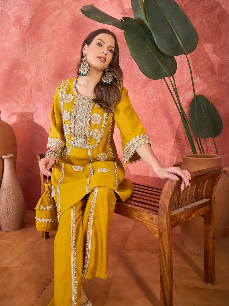 Floral Embroidered & Sequinned A-Line Kurta With Palazzos & Bag Kurta Set