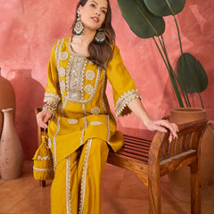 Floral Embroidered & Sequinned A-Line Kurta With Palazzos & Bag Kurta Set