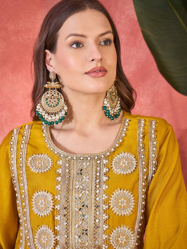Floral Embroidered & Sequinned A-Line Kurta With Palazzos & Bag Kurta Set