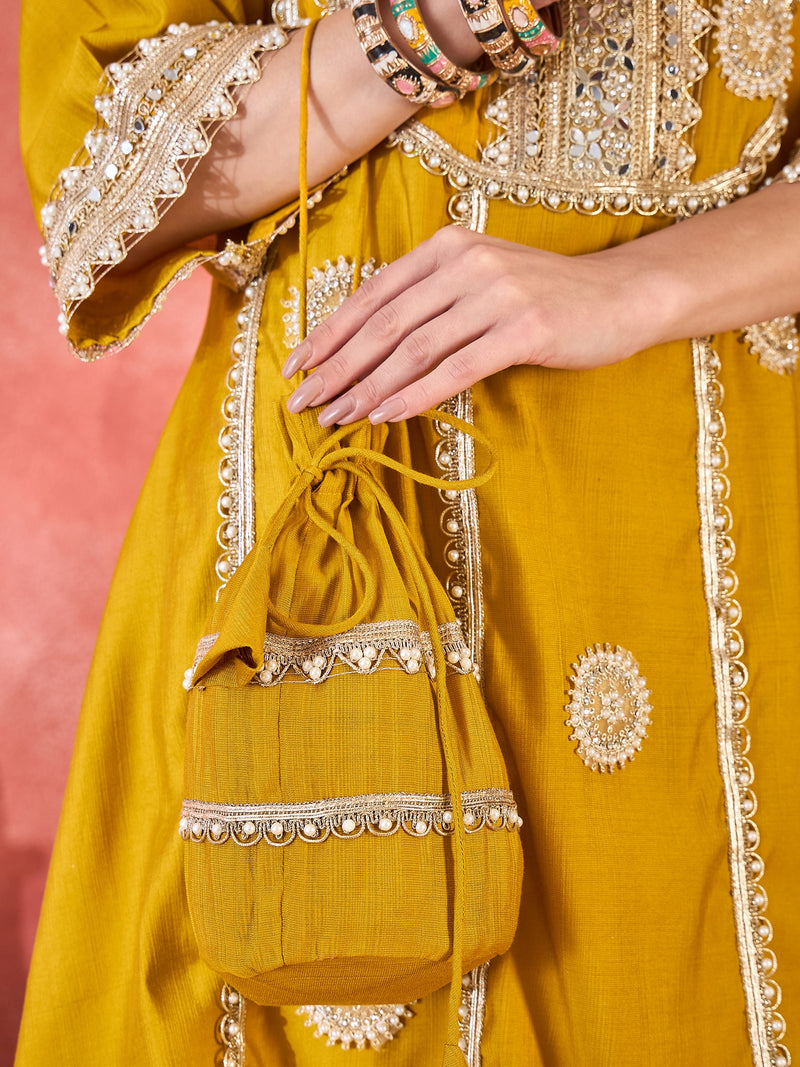 Floral Embroidered & Sequinned A-Line Kurta With Palazzos & Bag Kurta Set