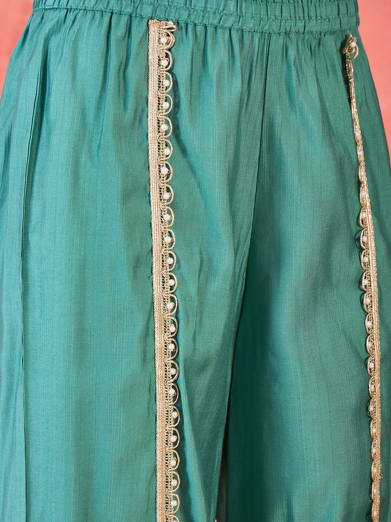 Floral Embroidered & Sequinned A-Line Kurta With Palazzos & Bag Kurta Set