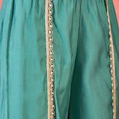 Floral Embroidered & Sequinned A-Line Kurta With Palazzos & Bag Kurta Set