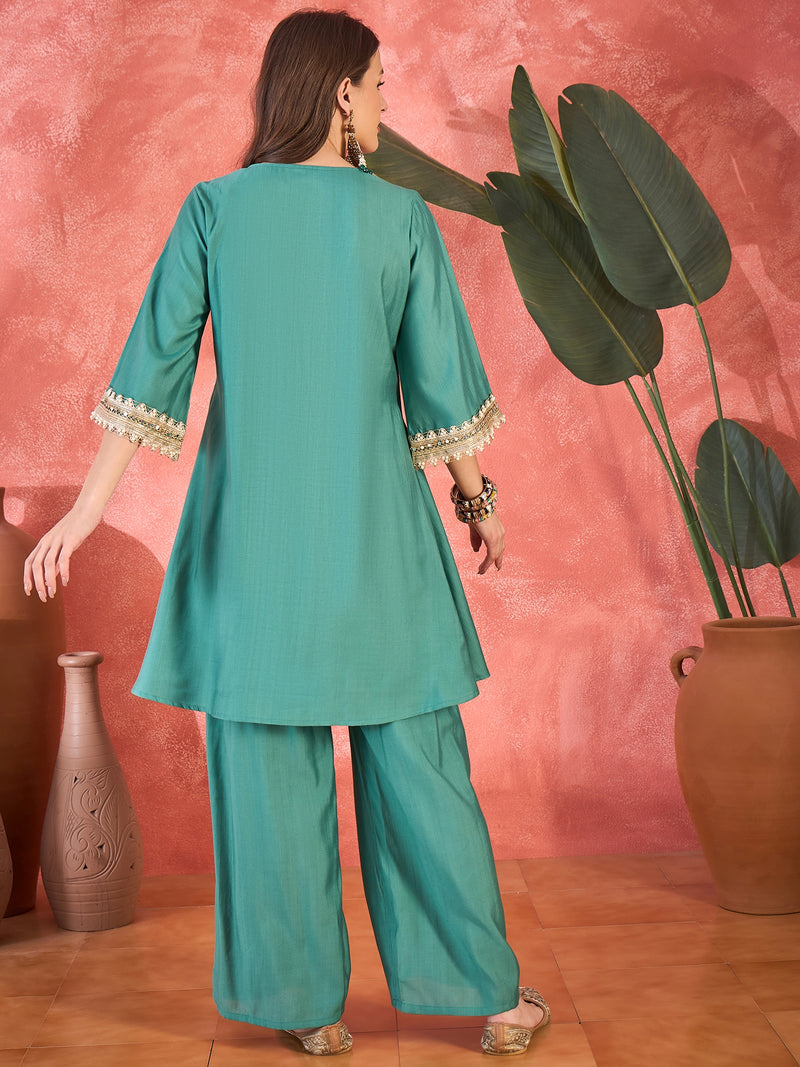 Floral Embroidered & Sequinned A-Line Kurta With Palazzos & Bag Kurta Set