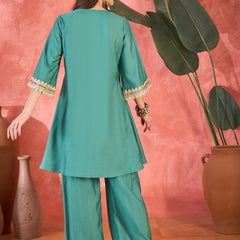 Floral Embroidered & Sequinned A-Line Kurta With Palazzos & Bag Kurta Set