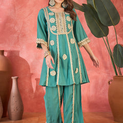 Floral Embroidered & Sequinned A-Line Kurta With Palazzos & Bag Kurta Set