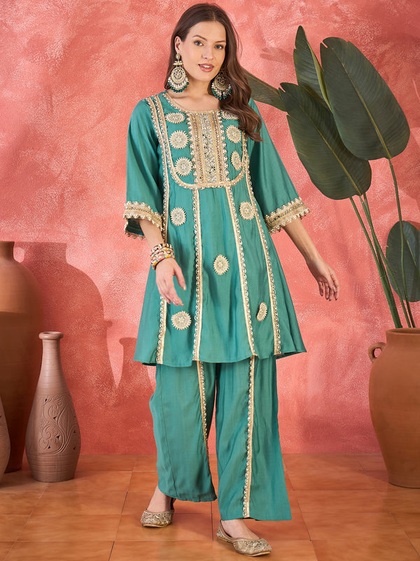 Teal Green Floral Embroidered & Sequinned A-Line Kurta With Palazzos & Bag Kurta Set