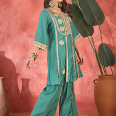 Floral Embroidered & Sequinned A-Line Kurta With Palazzos & Bag Kurta Set