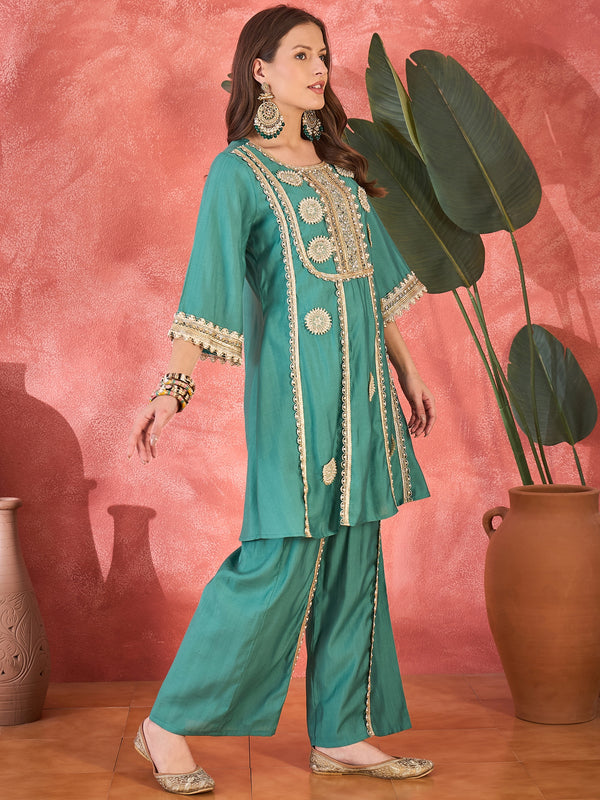 Teal Green Floral Embroidered & Sequinned A-Line Kurta With Palazzos & Bag Kurta Set