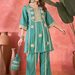 Floral Embroidered & Sequinned A-Line Kurta With Palazzos & Bag Kurta Set