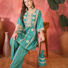 Floral Embroidered & Sequinned A-Line Kurta With Palazzos & Bag Kurta Set
