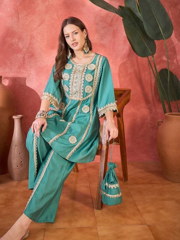 Teal Green Floral Embroidered & Sequinned A-Line Kurta With Palazzos & Bag Kurta Set