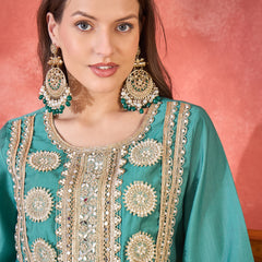 Floral Embroidered & Sequinned A-Line Kurta With Palazzos & Bag Kurta Set
