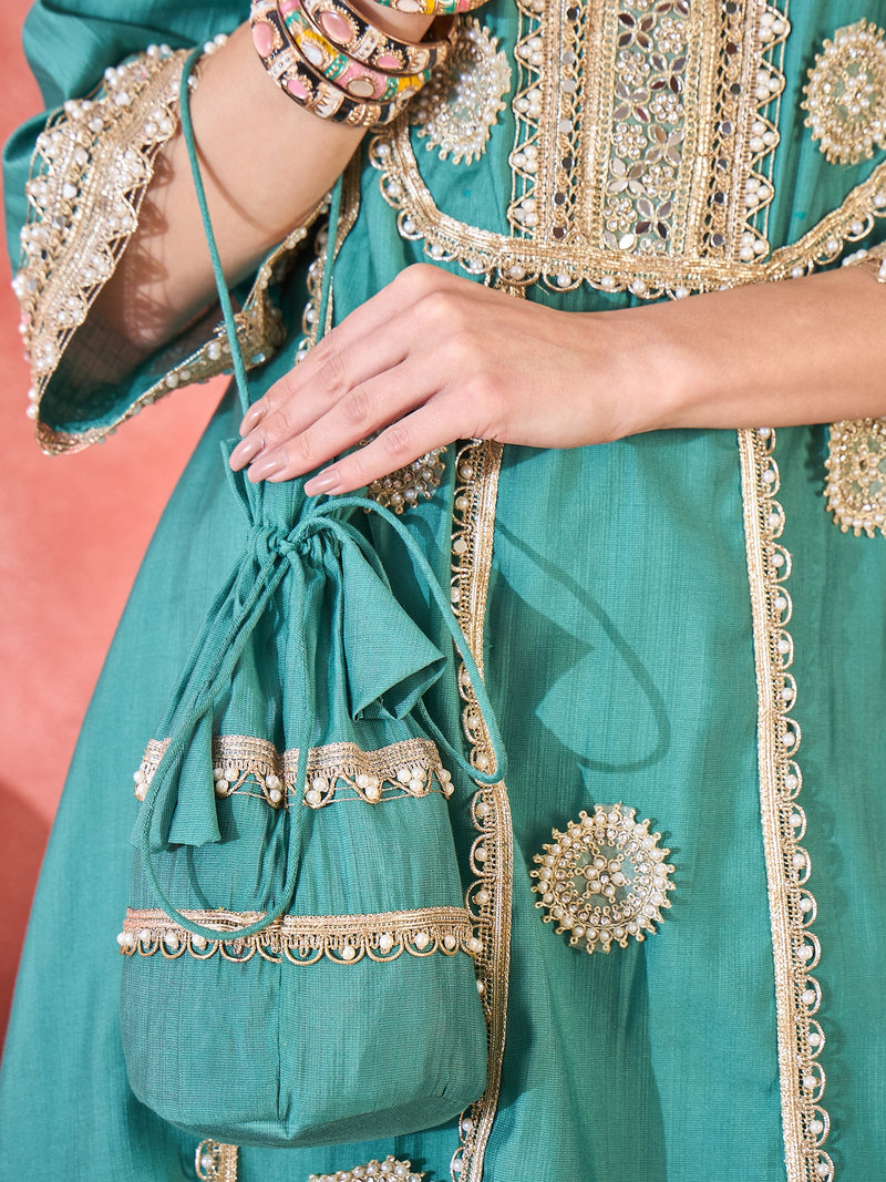 Floral Embroidered & Sequinned A-Line Kurta With Palazzos & Bag Kurta Set