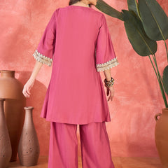 Floral Embroidered & Sequinned A-Line Kurta With Palazzos & Bag Kurta Set