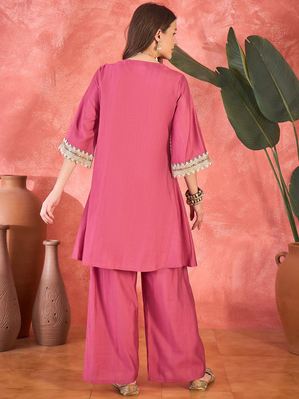 Pink Floral Embroidered & Sequinned A-Line Kurta With Palazzos & Bag Kurta Set