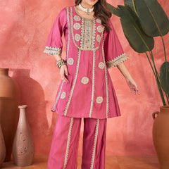 Floral Embroidered & Sequinned A-Line Kurta With Palazzos & Bag Kurta Set