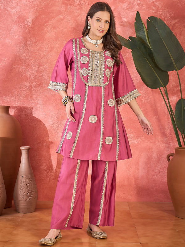 Pink Floral Embroidered & Sequinned A-Line Kurta With Palazzos & Bag Kurta Set
