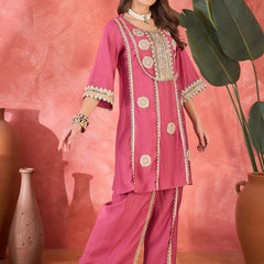 Floral Embroidered & Sequinned A-Line Kurta With Palazzos & Bag Kurta Set