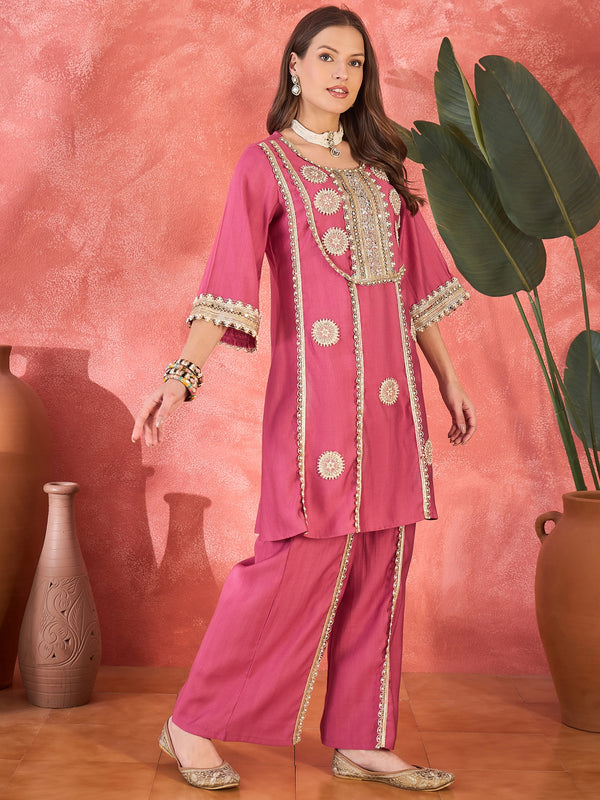 Pink Floral Embroidered & Sequinned A-Line Kurta With Palazzos & Bag Kurta Set