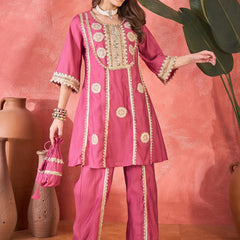 Floral Embroidered & Sequinned A-Line Kurta With Palazzos & Bag Kurta Set