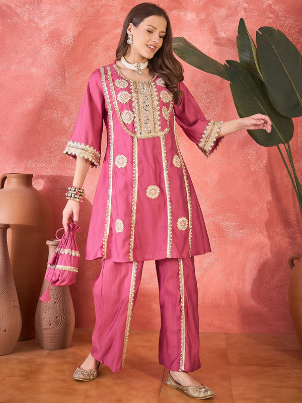 Pink Floral Embroidered & Sequinned A-Line Kurta With Palazzos & Bag Kurta Set