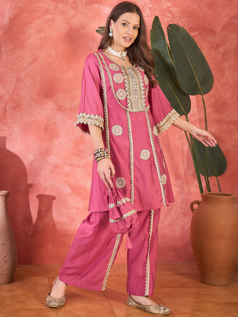 Floral Embroidered & Sequinned A-Line Kurta With Palazzos & Bag Kurta Set
