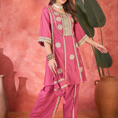 Floral Embroidered & Sequinned A-Line Kurta With Palazzos & Bag Kurta Set