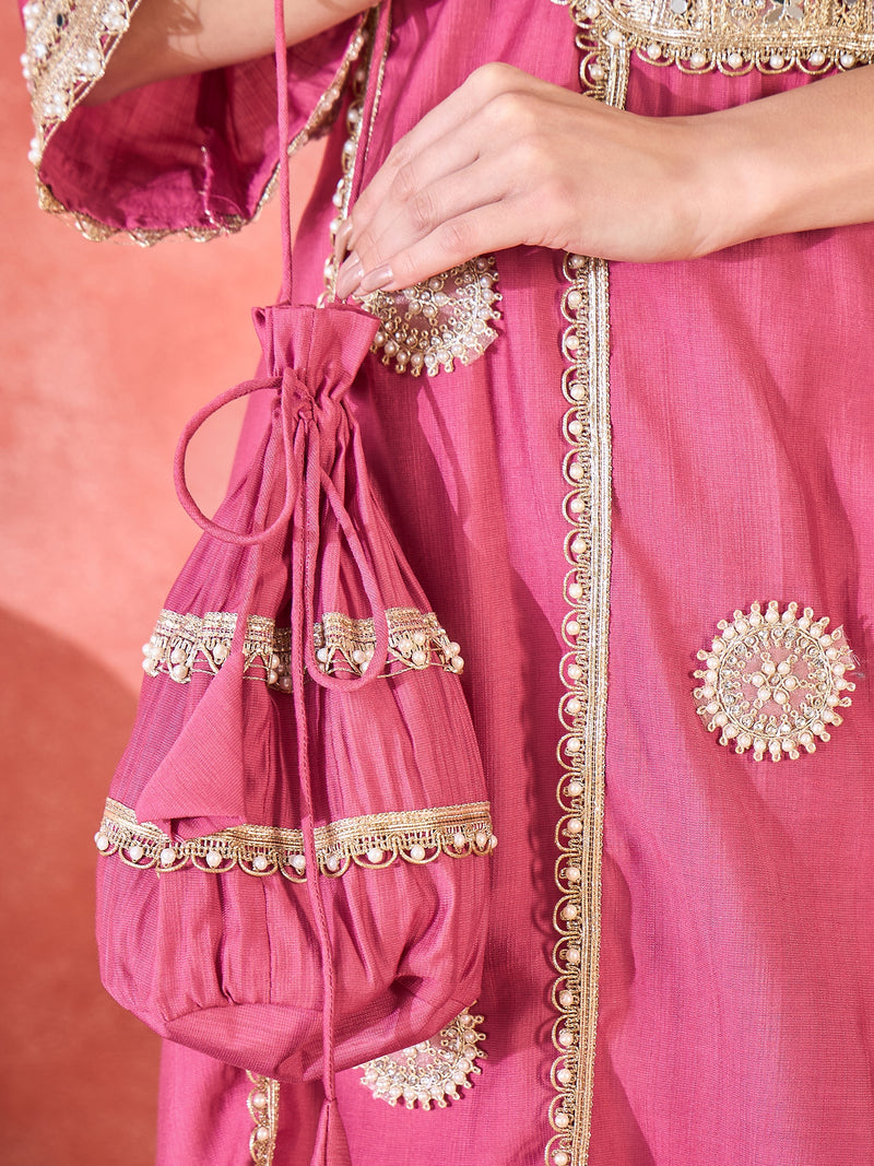 Floral Embroidered & Sequinned A-Line Kurta With Palazzos & Bag Kurta Set