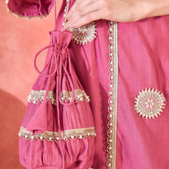 Floral Embroidered & Sequinned A-Line Kurta With Palazzos & Bag Kurta Set