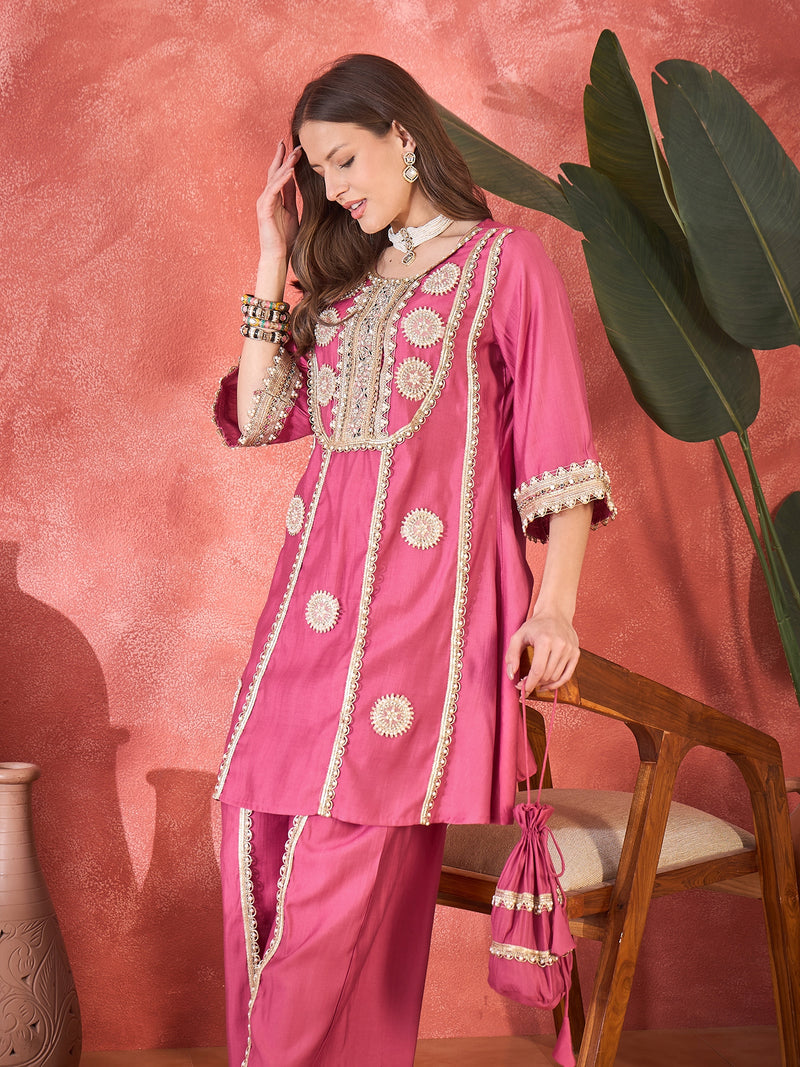 Floral Embroidered & Sequinned A-Line Kurta With Palazzos & Bag Kurta Set