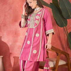 Floral Embroidered & Sequinned A-Line Kurta With Palazzos & Bag Kurta Set