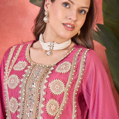 Floral Embroidered & Sequinned A-Line Kurta With Palazzos & Bag Kurta Set