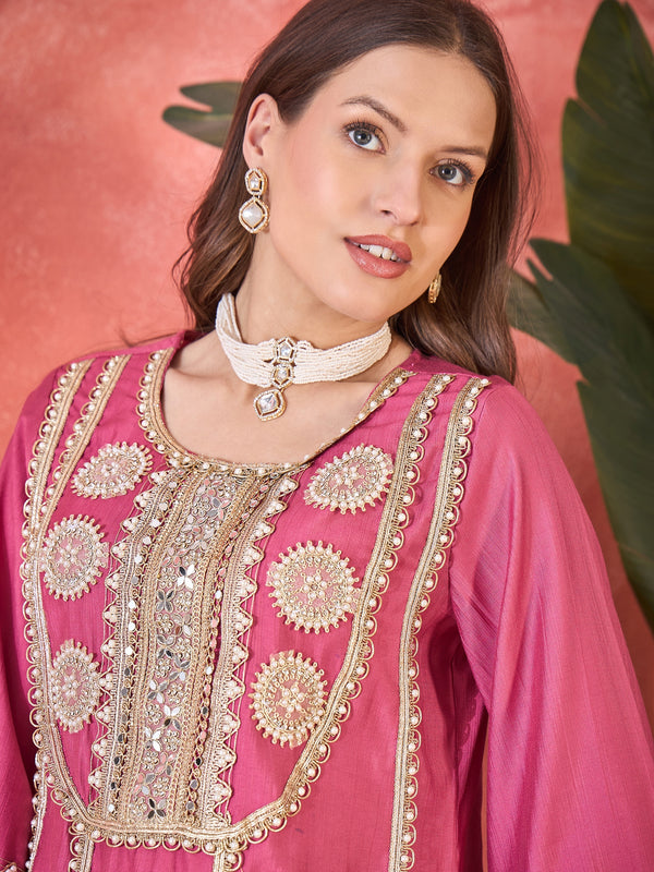 Pink Floral Embroidered & Sequinned A-Line Kurta With Palazzos & Bag Kurta Set