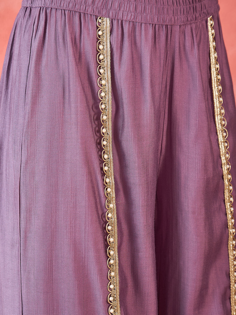 Floral Embroidered & Sequinned A-Line Kurta With Palazzos & Bag Kurta Set