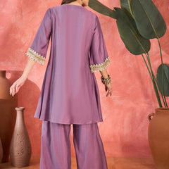 Floral Embroidered & Sequinned A-Line Kurta With Palazzos & Bag Kurta Set