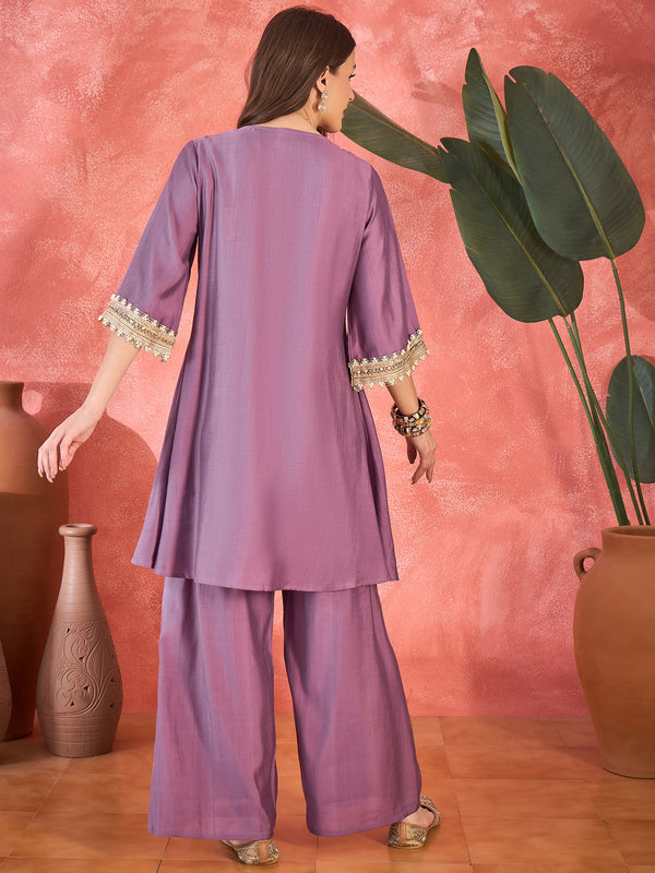 Purple Floral Embroidered & Sequinned A-Line Kurta With Palazzos & Bag Kurta Set