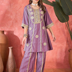 Floral Embroidered & Sequinned A-Line Kurta With Palazzos & Bag Kurta Set