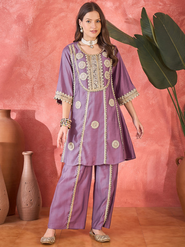 Purple Floral Embroidered & Sequinned A-Line Kurta With Palazzos & Bag Kurta Set