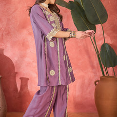 Floral Embroidered & Sequinned A-Line Kurta With Palazzos & Bag Kurta Set