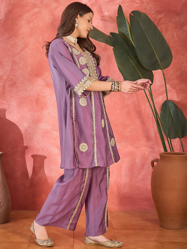Purple Floral Embroidered & Sequinned A-Line Kurta With Palazzos & Bag Kurta Set