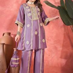 Floral Embroidered & Sequinned A-Line Kurta With Palazzos & Bag Kurta Set