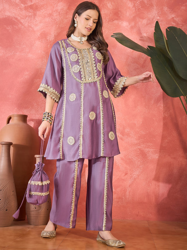 Purple Floral Embroidered & Sequinned A-Line Kurta With Palazzos & Bag Kurta Set