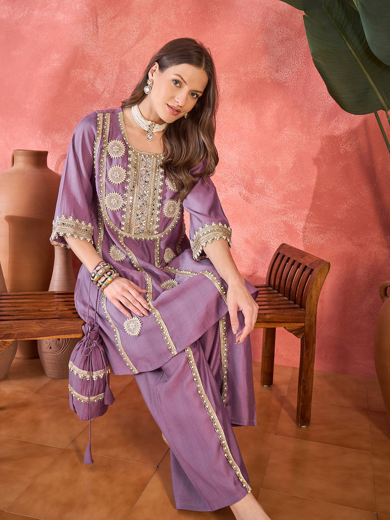 Floral Embroidered & Sequinned A-Line Kurta With Palazzos & Bag Kurta Set