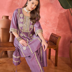 Floral Embroidered & Sequinned A-Line Kurta With Palazzos & Bag Kurta Set