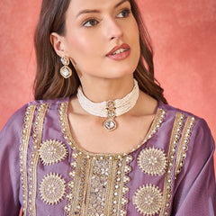 Floral Embroidered & Sequinned A-Line Kurta With Palazzos & Bag Kurta Set