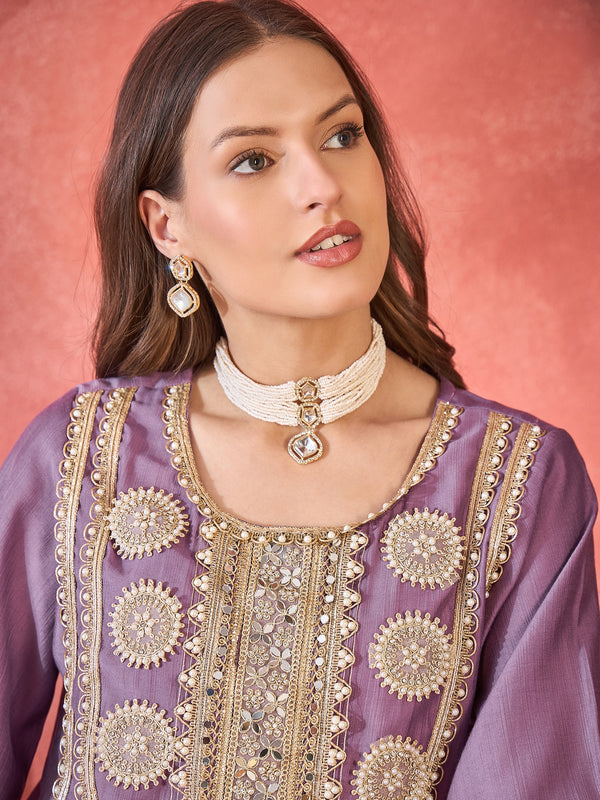 Purple Floral Embroidered & Sequinned A-Line Kurta With Palazzos & Bag Kurta Set