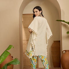 Off White Cotton Schiffli Kaftan With Dhoti Pant Kurta Set