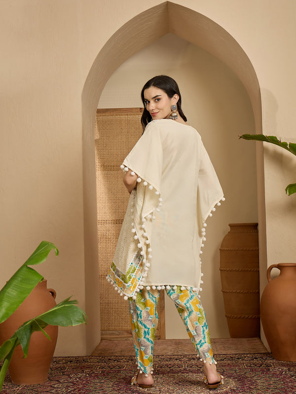 Off White Cotton Schiffli Kaftan With Dhoti Pant Kurta Set